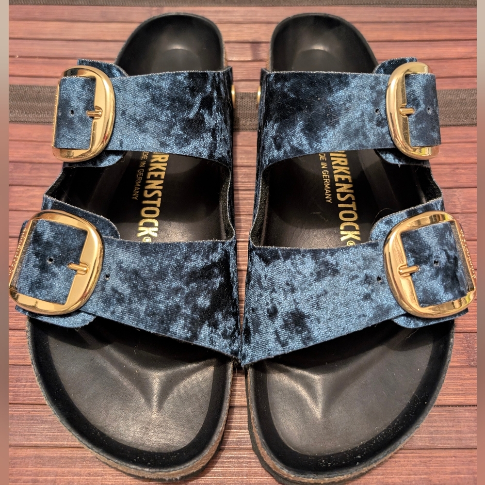 Birkenstock Green Velvet Sandals with Gold Buckles